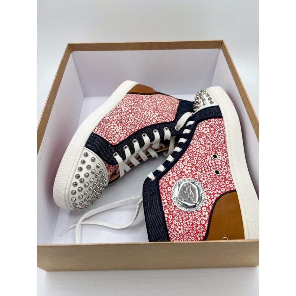 Mens Christian Louboutin Men's Spike Floral Print Denim High-Top Sneakers Sz 41 - Picture 10 of 13
